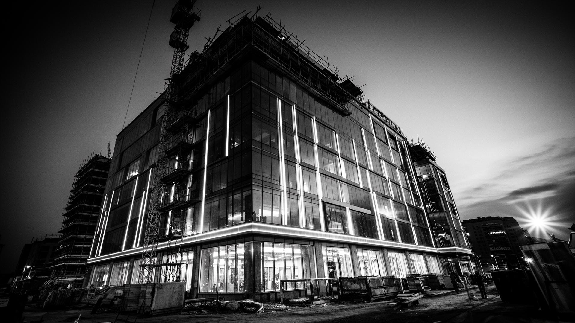 Modern commercial construction at dusk
